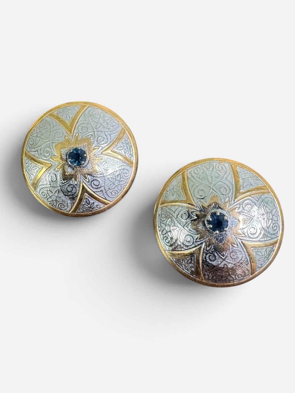 Richard Nuri Gold and Silver Floral Round Earrings with Blue Center